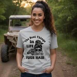 Riding shirt Skull messy bun best things mess up your hair Sxs Rzr Utv 4x4 Rider